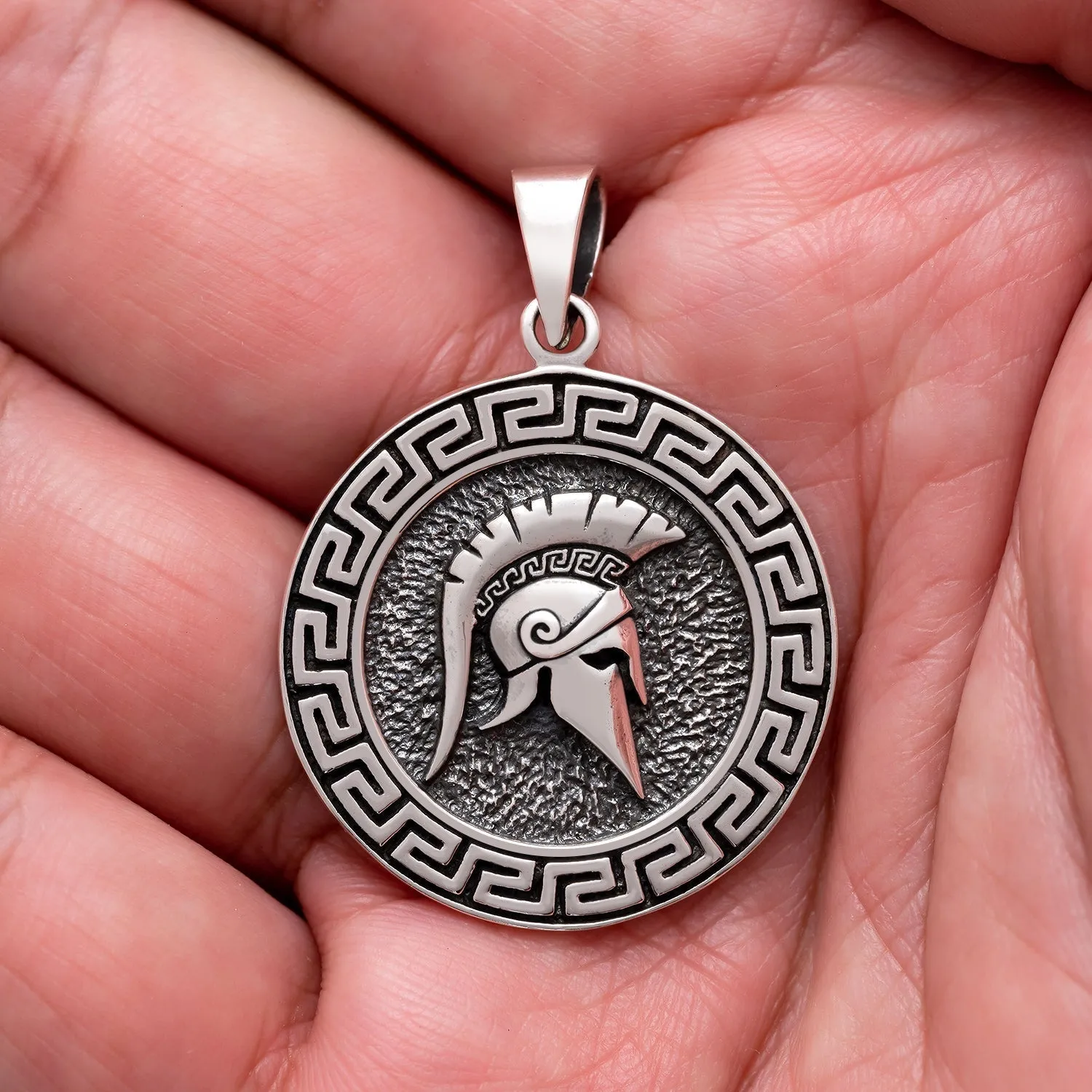925 Sterling Silver Warrior's Spartan Helmet Pendant with Meander