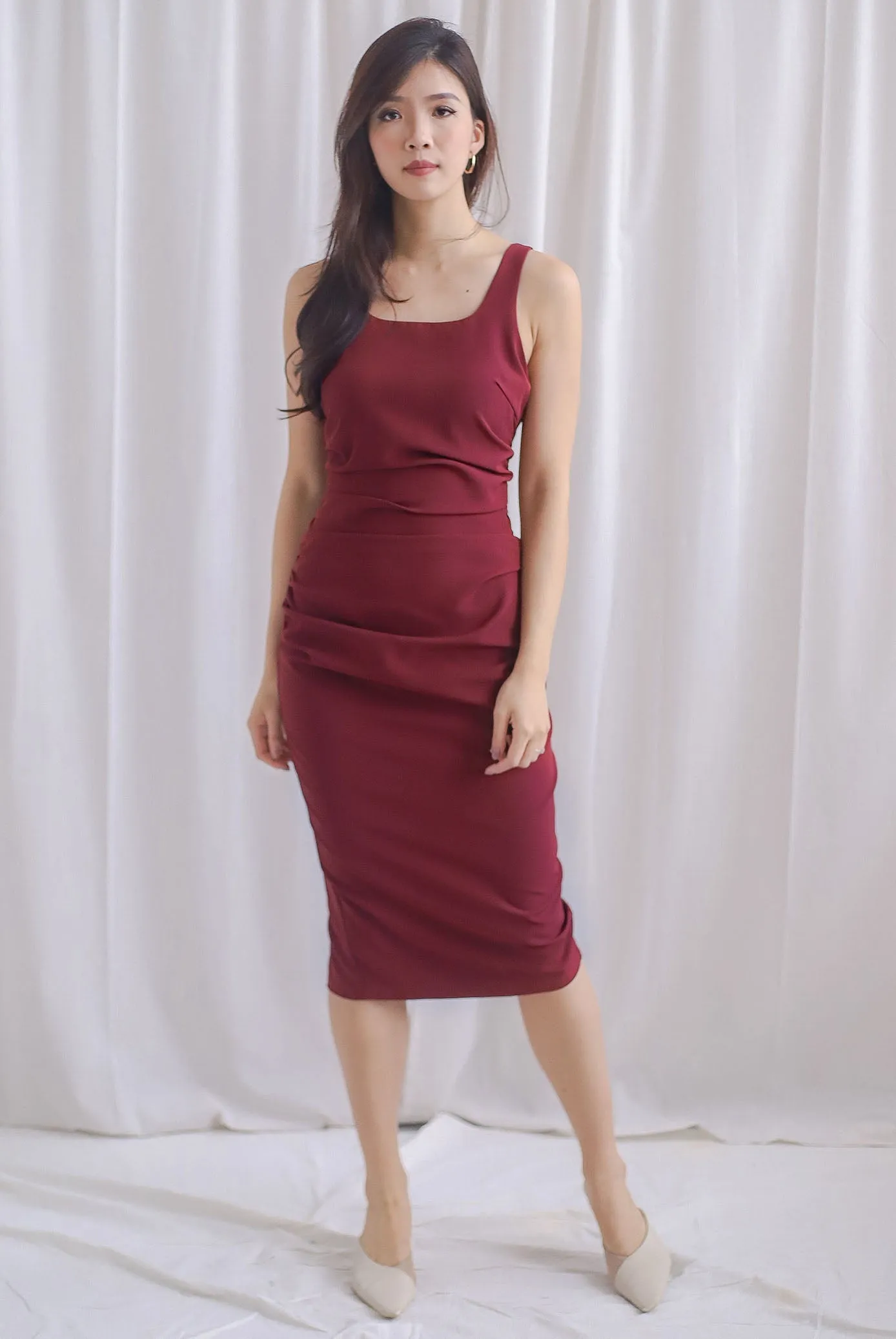 Acelynn Drape Bodycon Work Dress In Wine Red