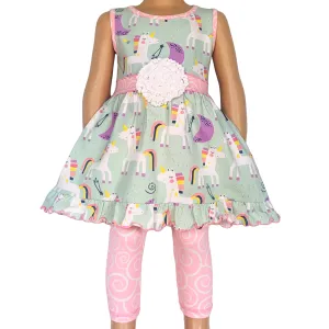AnnLoren Little & Big Girls Unicorns Rainbow Dress & Pink Swirl Leggings Outfit