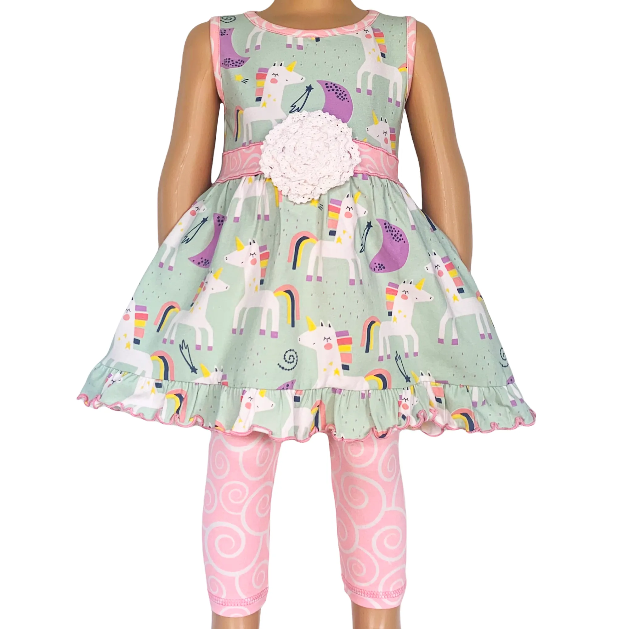AnnLoren Little & Big Girls Unicorns Rainbow Dress & Pink Swirl Leggings Outfit