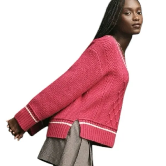 Anthropologie Maeve The Tillie V-Neck Pullover Chunky Knit Sweater Pink S