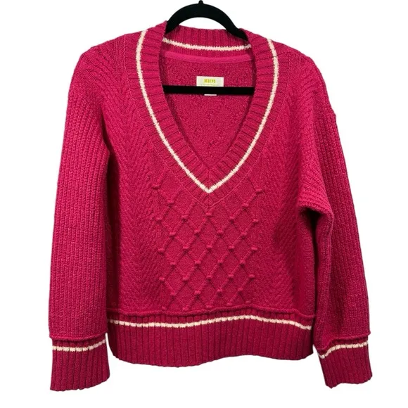 Anthropologie Maeve The Tillie V-Neck Pullover Chunky Knit Sweater Pink S