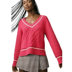 Anthropologie Maeve The Tillie V-Neck Pullover Chunky Knit Sweater Pink S