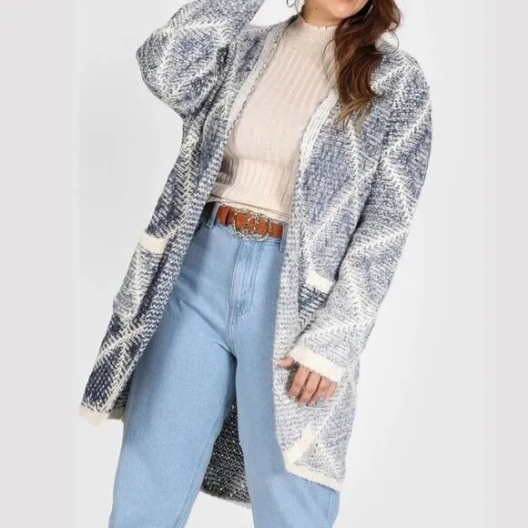 Anthropologie Moth Argyle Oversized Cardigan Chunky Knit Sweater Blue Cream XS