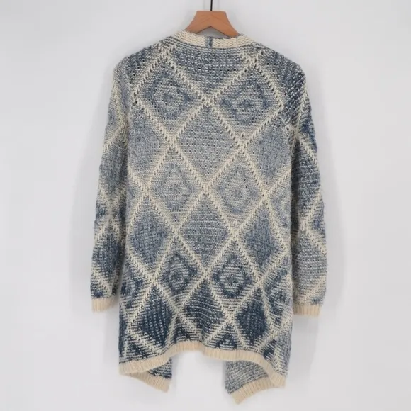 Anthropologie Moth Argyle Oversized Cardigan Chunky Knit Sweater Blue Cream XS