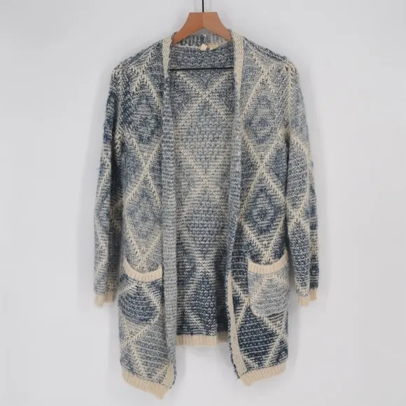 Anthropologie Moth Argyle Oversized Cardigan Chunky Knit Sweater Blue Cream XS
