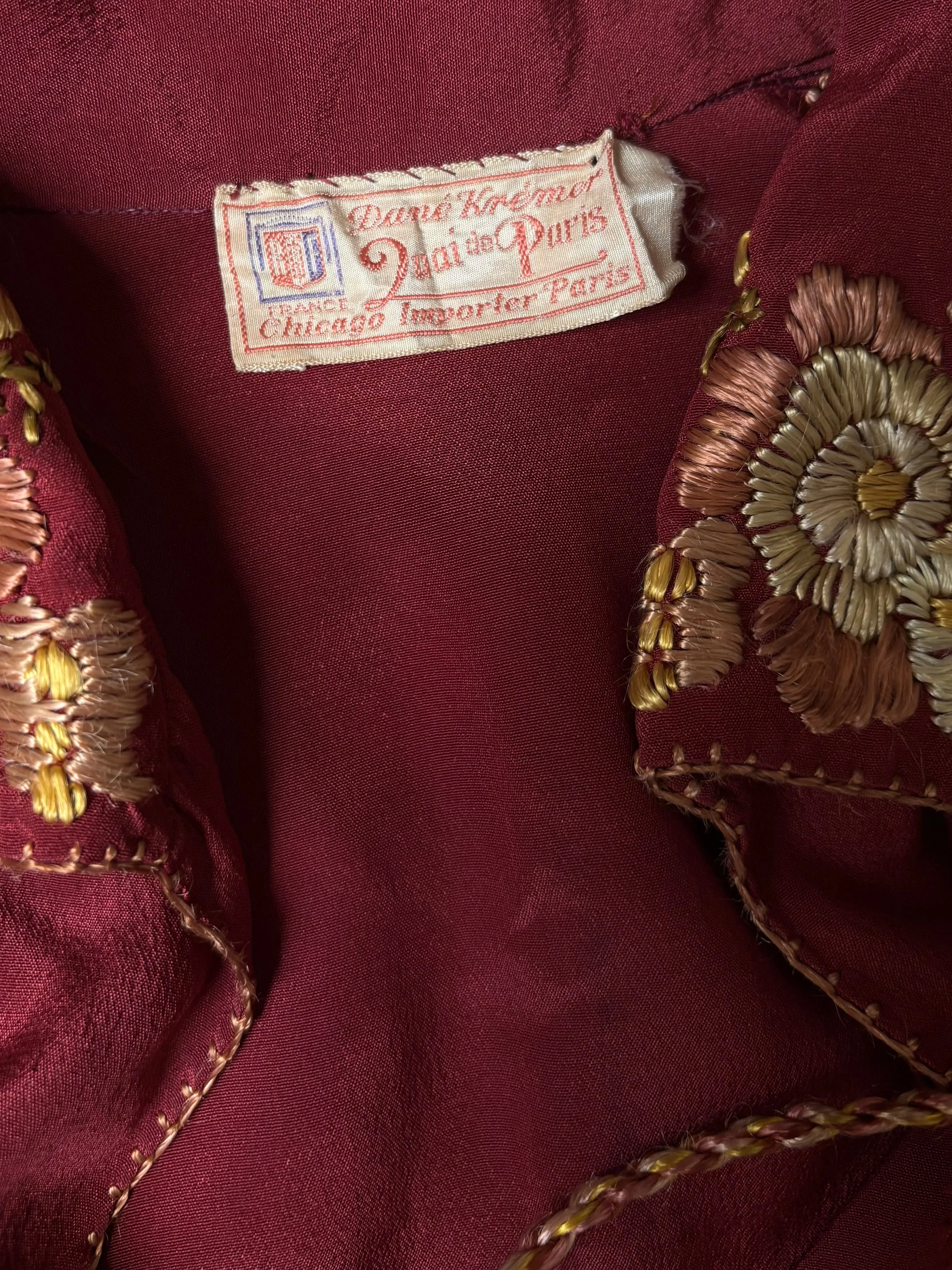 Antique 1920s Autumnal Embroidered Merlot Silk Dress