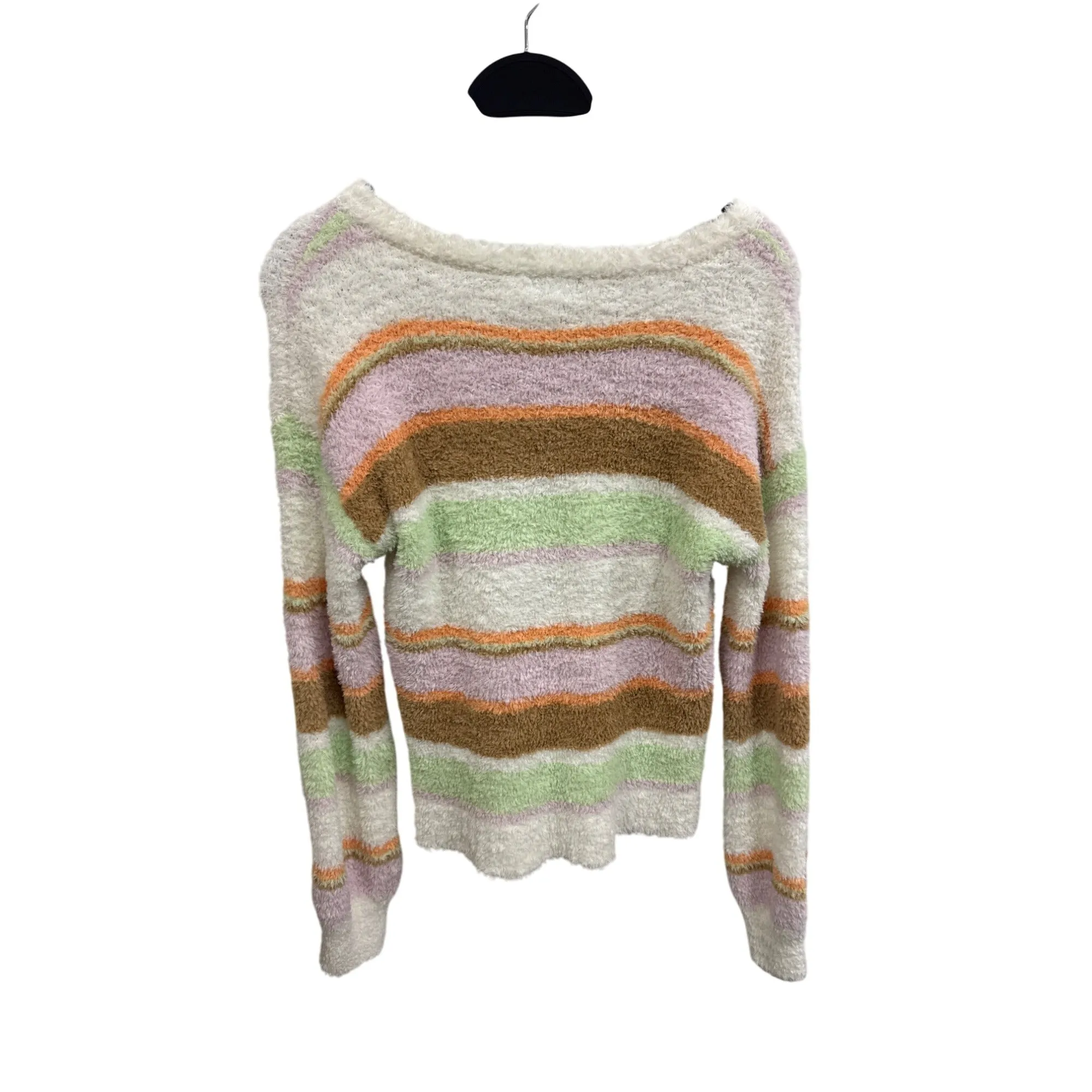 Art Class L Fuzzy Striped Sweater White Pastel Green Pink Orange Long Sleeve Soft Pullover Womens Top