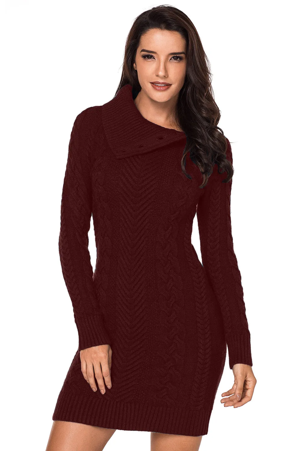 Asymmetric Buttoned Collar Bodycon Sweater Dress