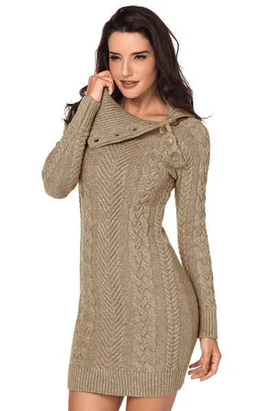 Asymmetric Buttoned Collar Bodycon Sweater Dress
