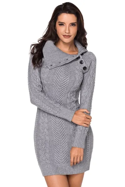 Asymmetric Buttoned Collar Bodycon Sweater Dress