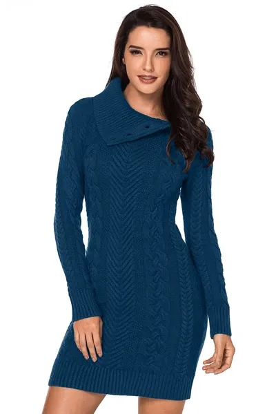 Asymmetric Buttoned Collar Bodycon Sweater Dress