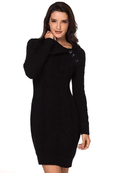 Asymmetric Buttoned Collar Bodycon Sweater Dress