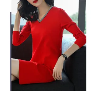 Autumn and Winter Long-sleeved V-neck Dress Temperament Large Size Loose Bottoming Shirt In The Long Section Was Thin Female Bottoming Skirt
