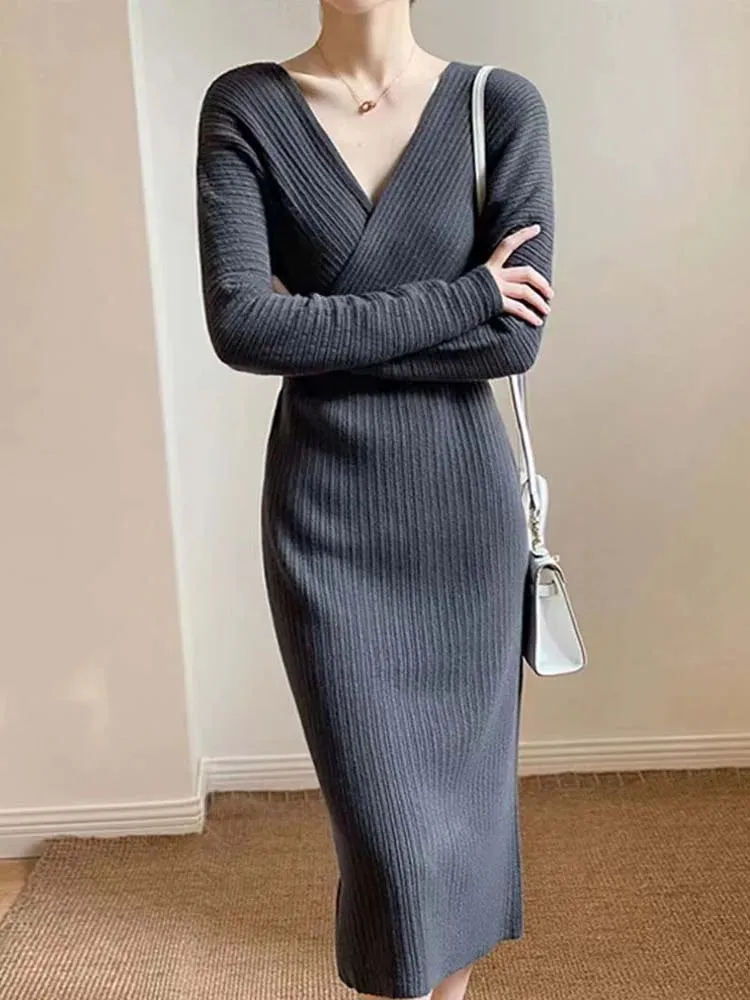 Autumn Winter Elegant Bodycon Sweater Dress Women V Neck Slim Knitted Pencil Long Dress Vestidos Robe Femme