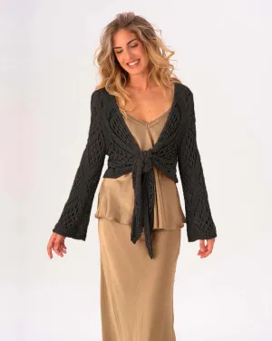 Baci - Handmade Fishnet Tie-Waist Cardigan in Black | 7201799