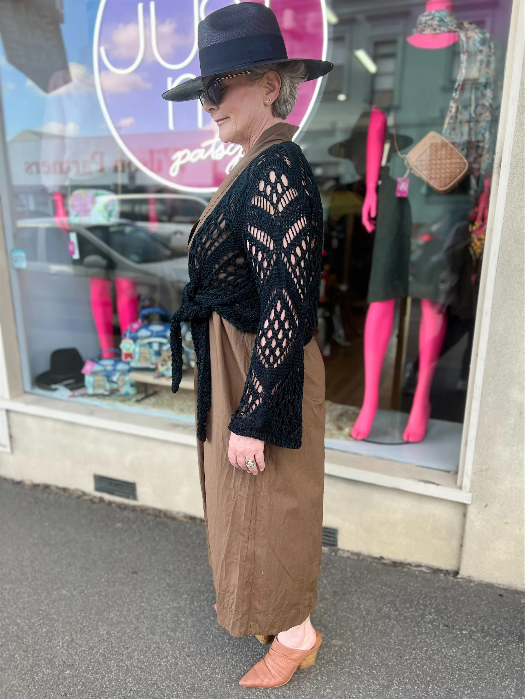Baci - Handmade Fishnet Tie-Waist Cardigan in Black | 7201799