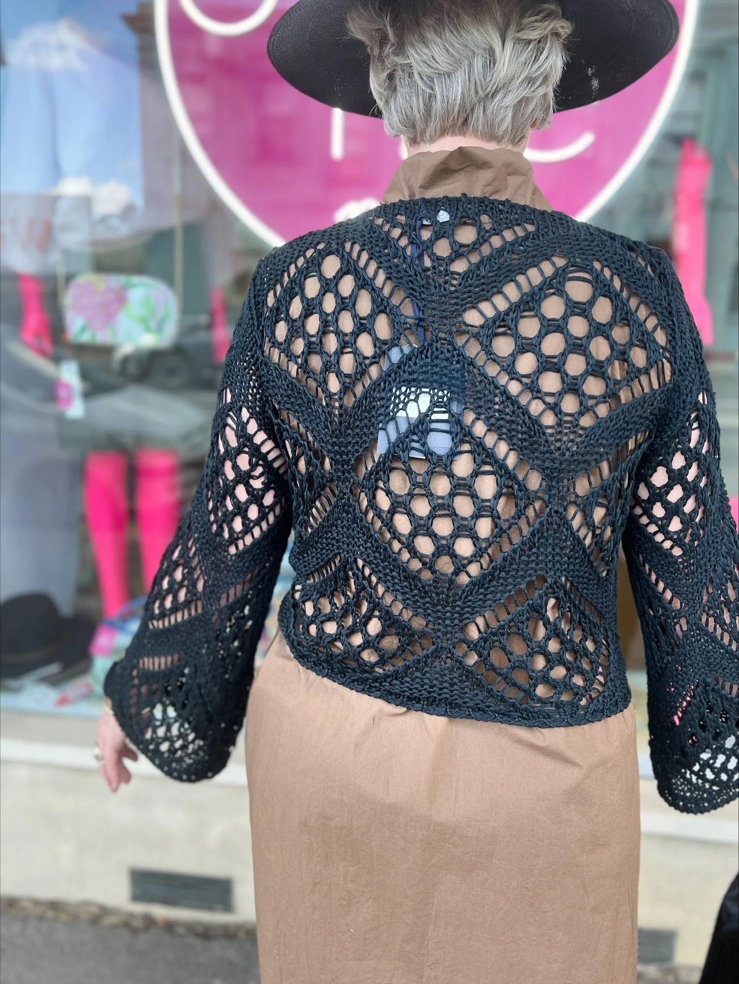 Baci - Handmade Fishnet Tie-Waist Cardigan in Black | 7201799