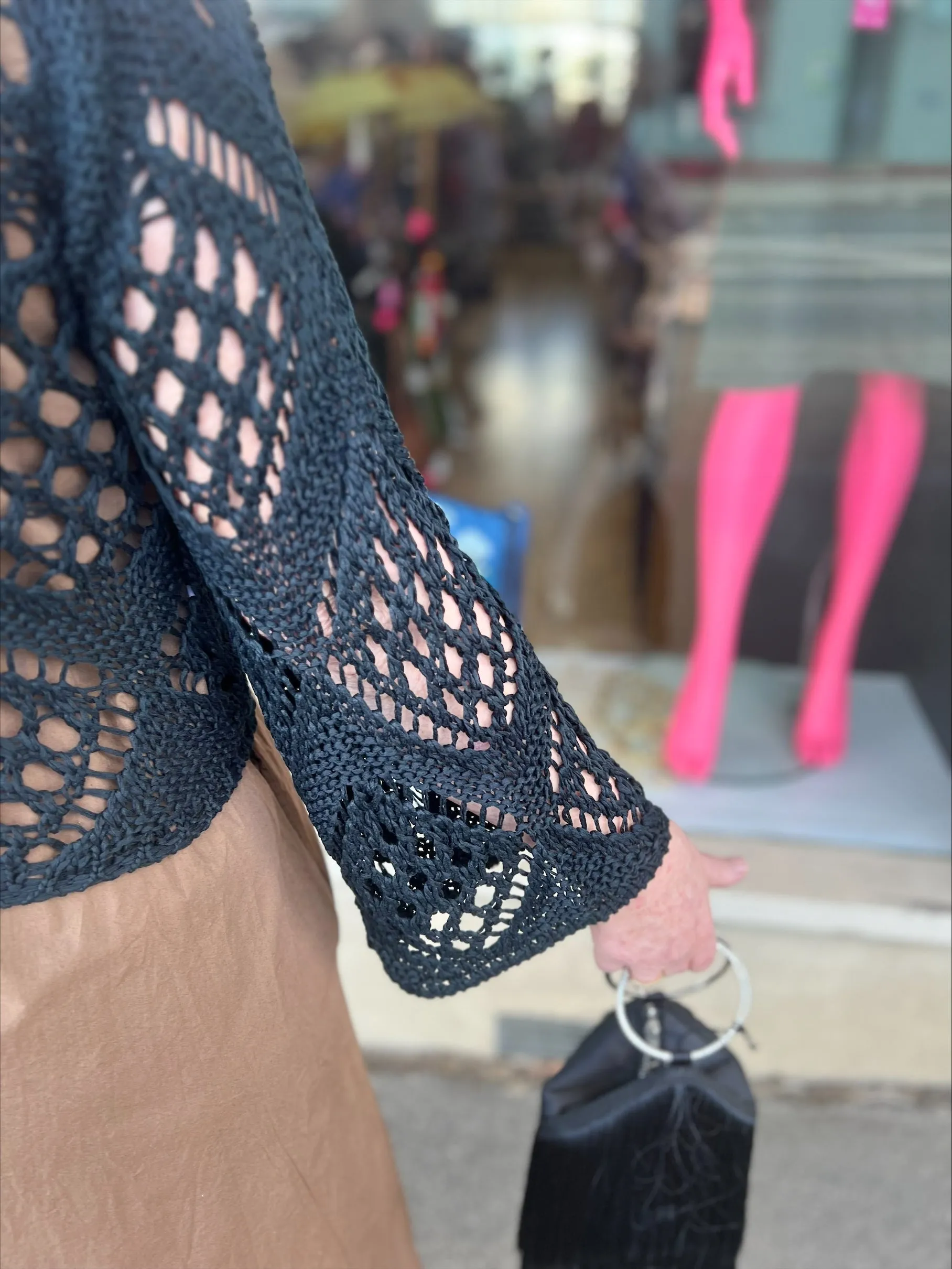 Baci - Handmade Fishnet Tie-Waist Cardigan in Black | 7201799