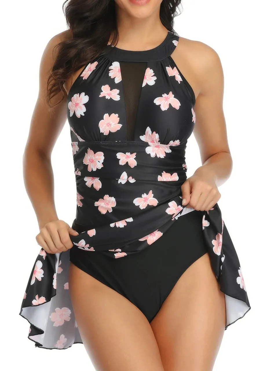 Backless Print Swimsuit Dress High Waist Swimwear Padded Bathing Suit Swimming Beachwear Summer Tankini