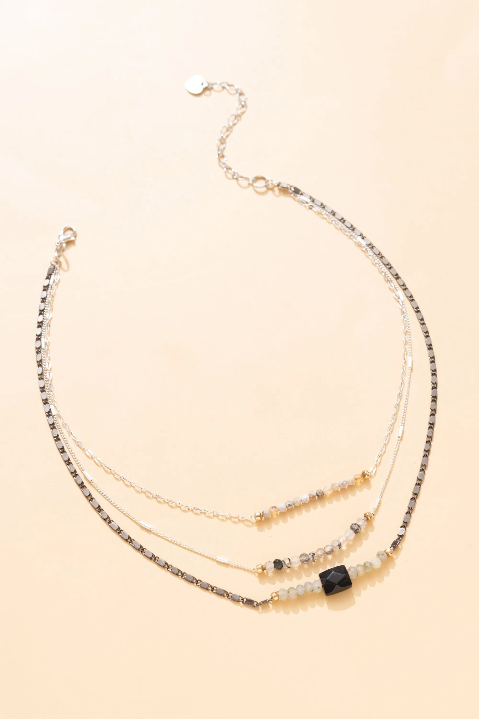 Beaded Gun Metal Triple Chain Necklace