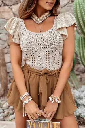 Beige Pointelle Knit Flutter Sleeve Sweater
