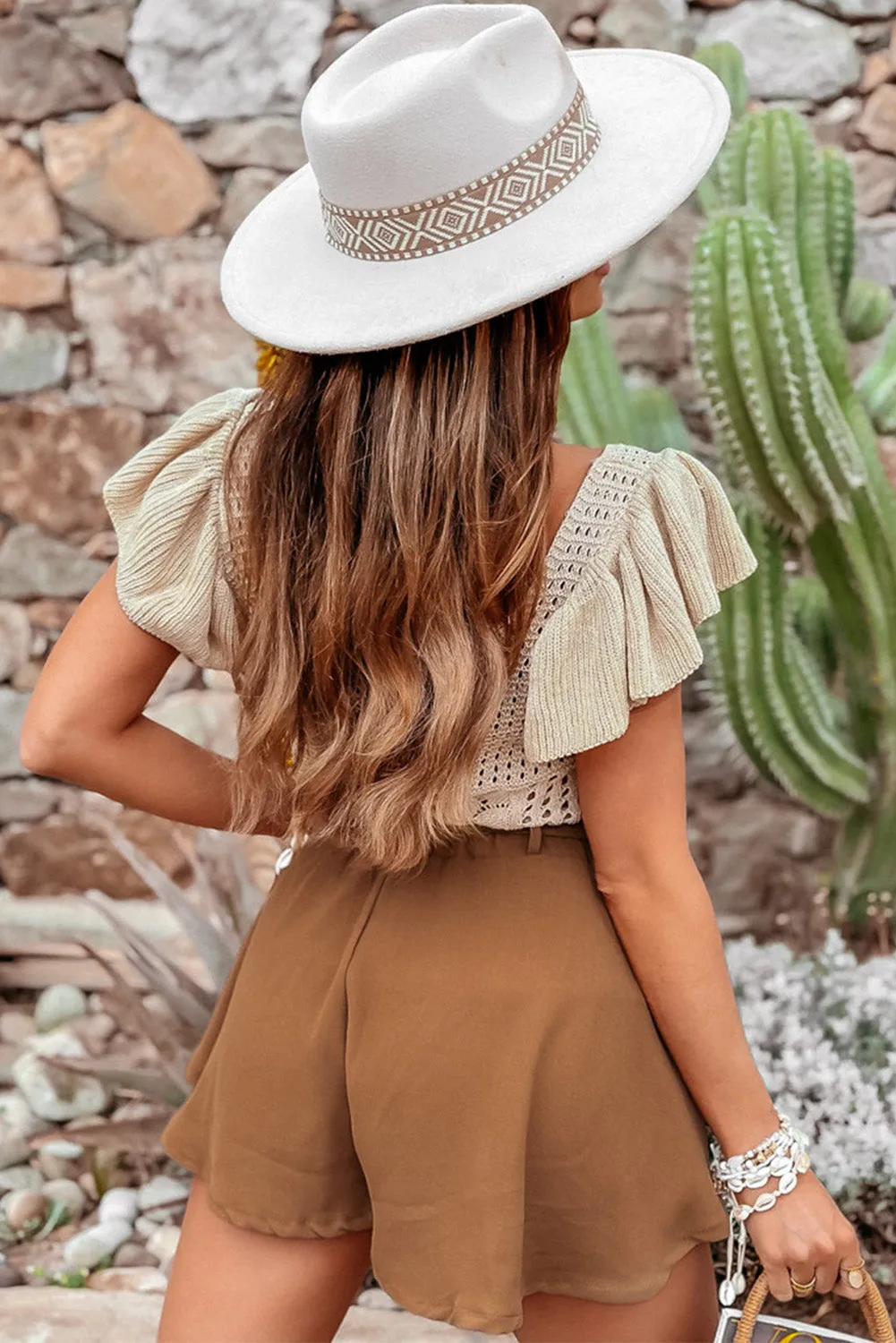 Beige Pointelle Knit Flutter Sleeve Sweater