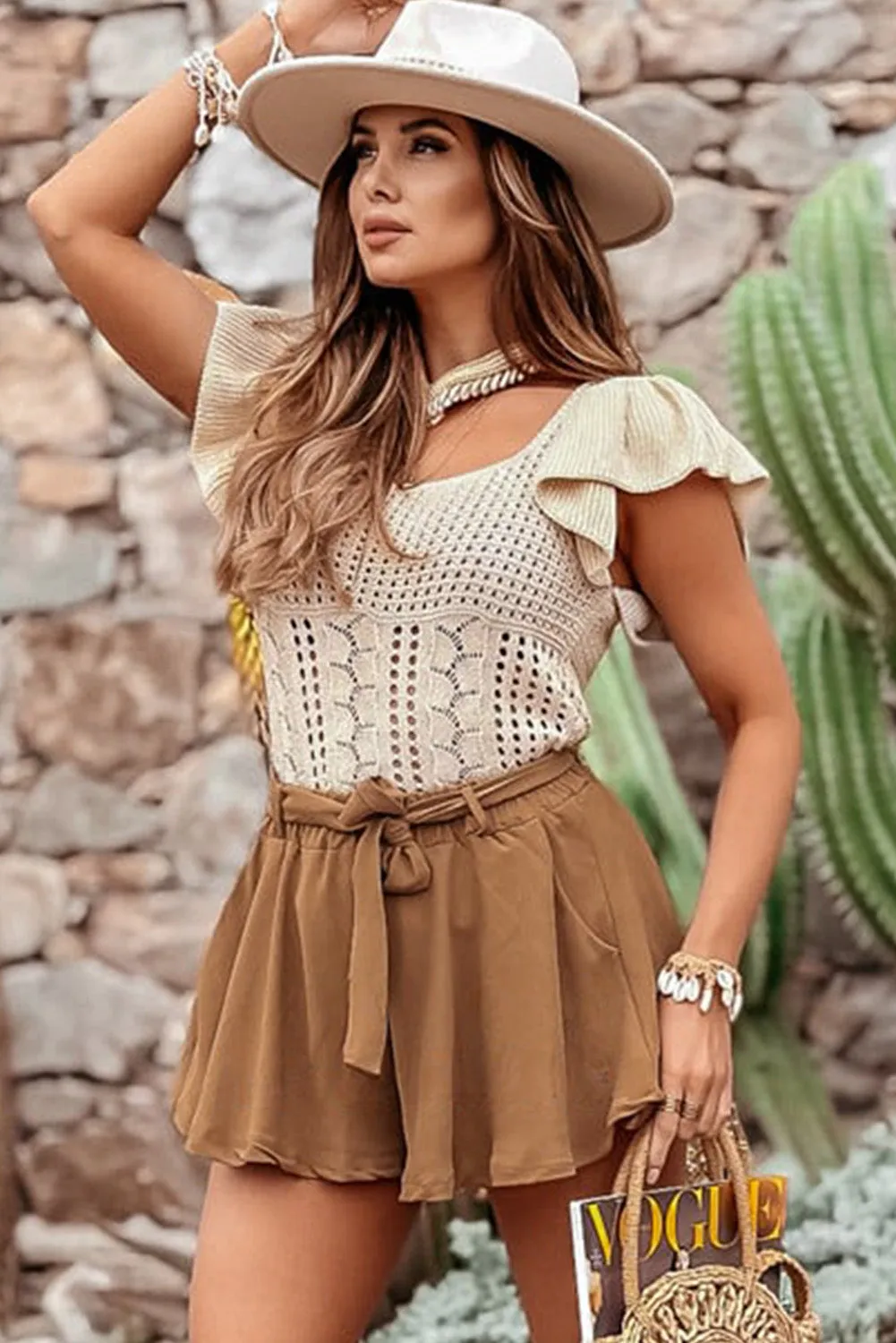 Beige Pointelle Knit Flutter Sleeve Sweater