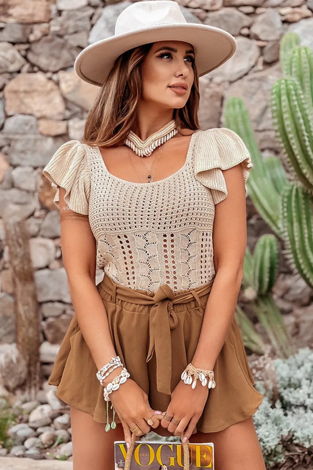 Beige Pointelle Knit Flutter Sleeve Sweater