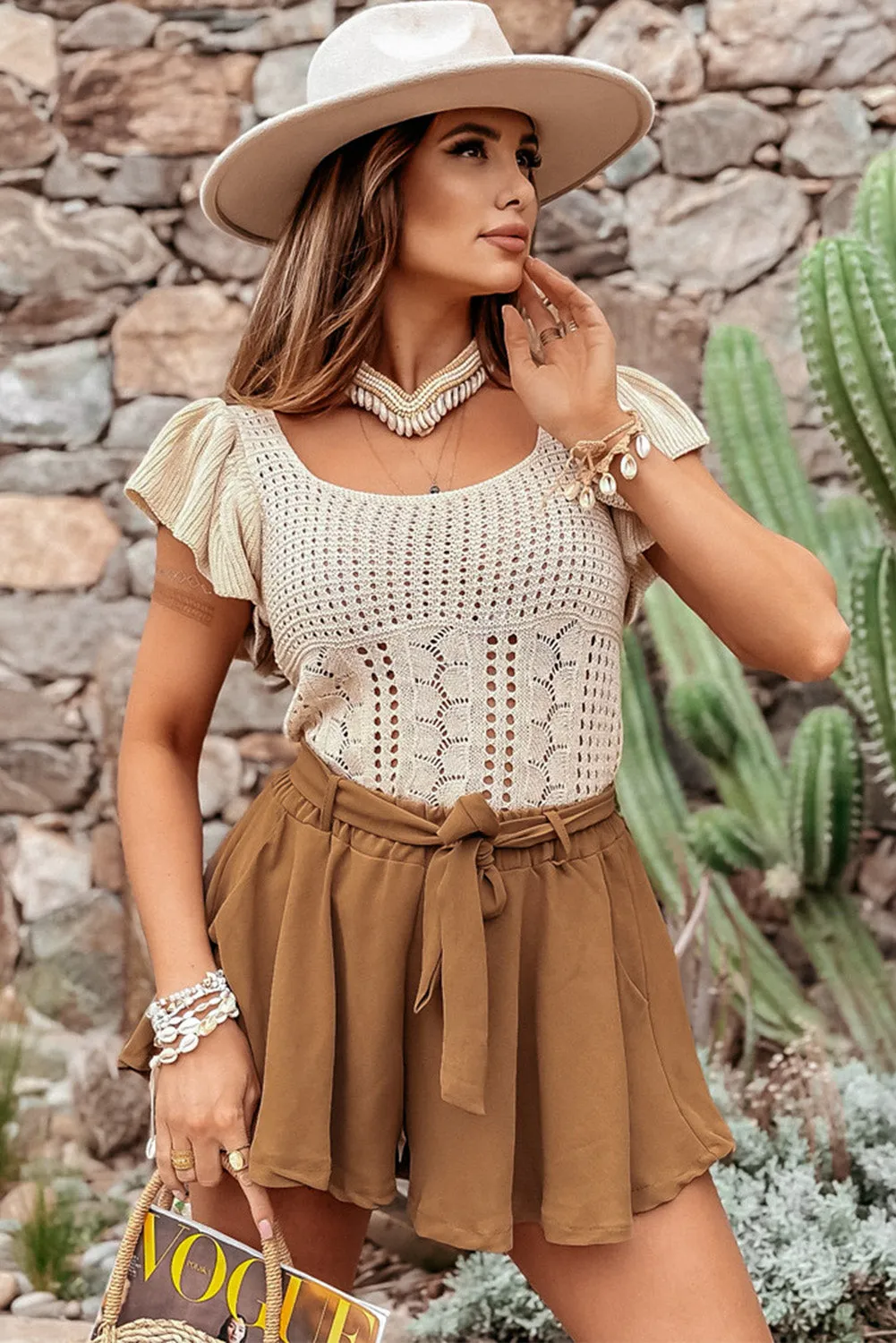 Beige Pointelle Knit Flutter Sleeve Sweater