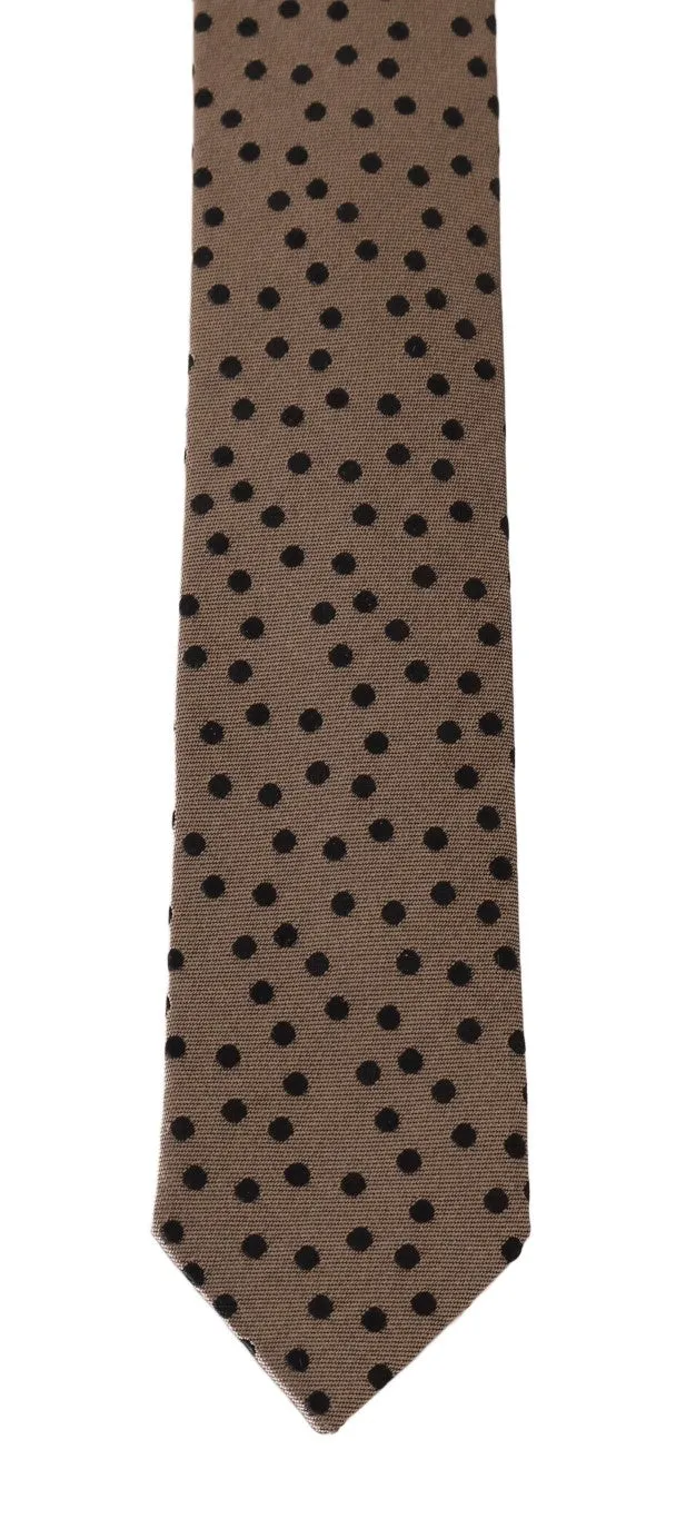 Beige Silk Black Polka Dot Print Slim Tie