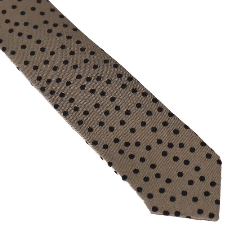 Beige Silk Black Polka Dot Print Slim Tie