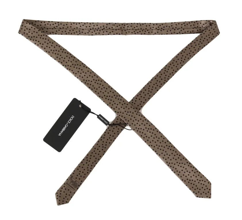 Beige Silk Black Polka Dot Print Slim Tie