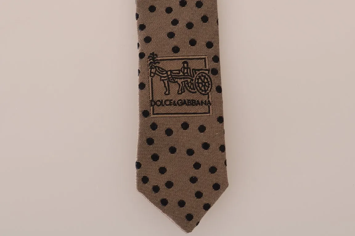 Beige Silk Black Polka Dot Print Slim Tie