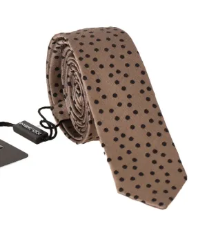 Beige Silk Black Polka Dot Print Slim Tie