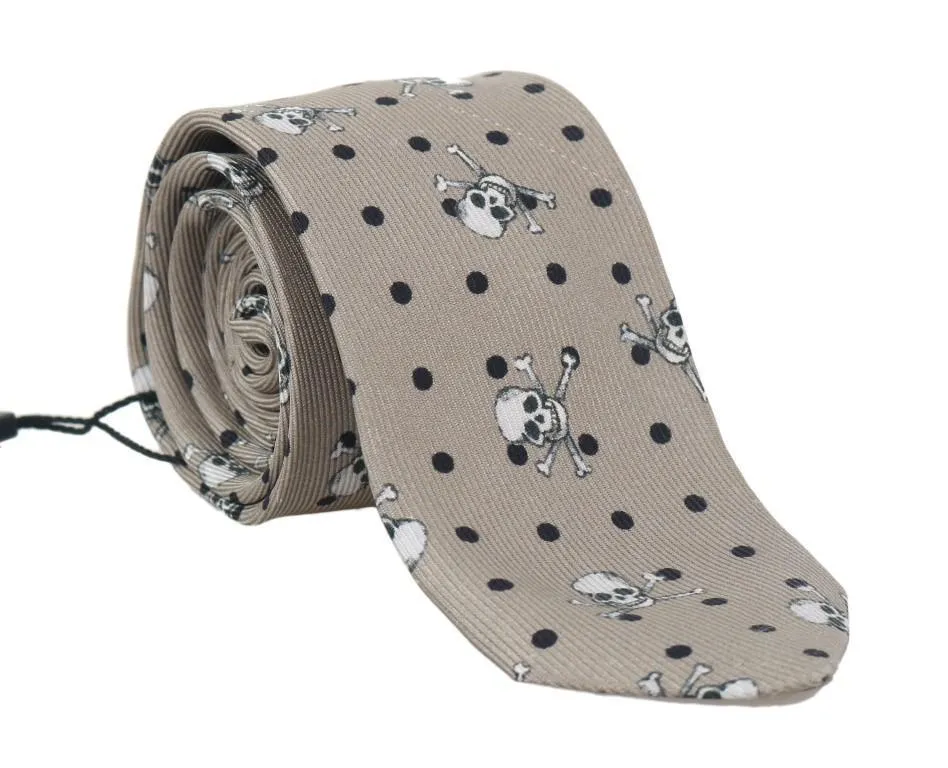 Beige Silk Skull Print Classic Tie