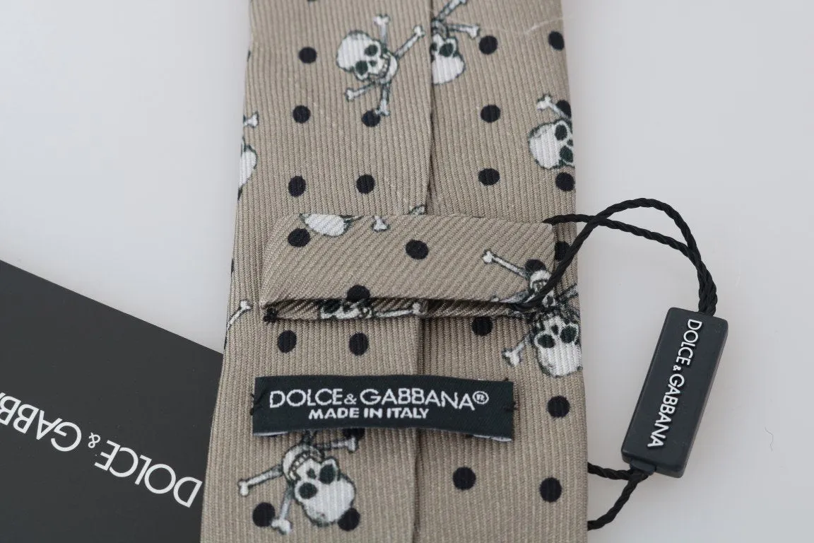 Beige Silk Skull Print Classic Tie