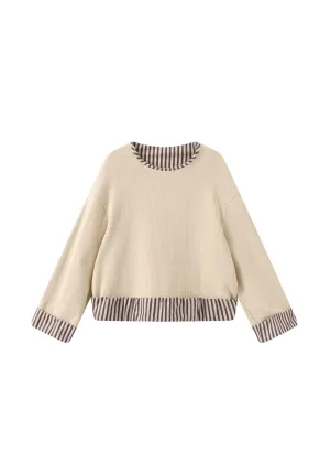 Beige Striped Cuff Crewneck Sweater