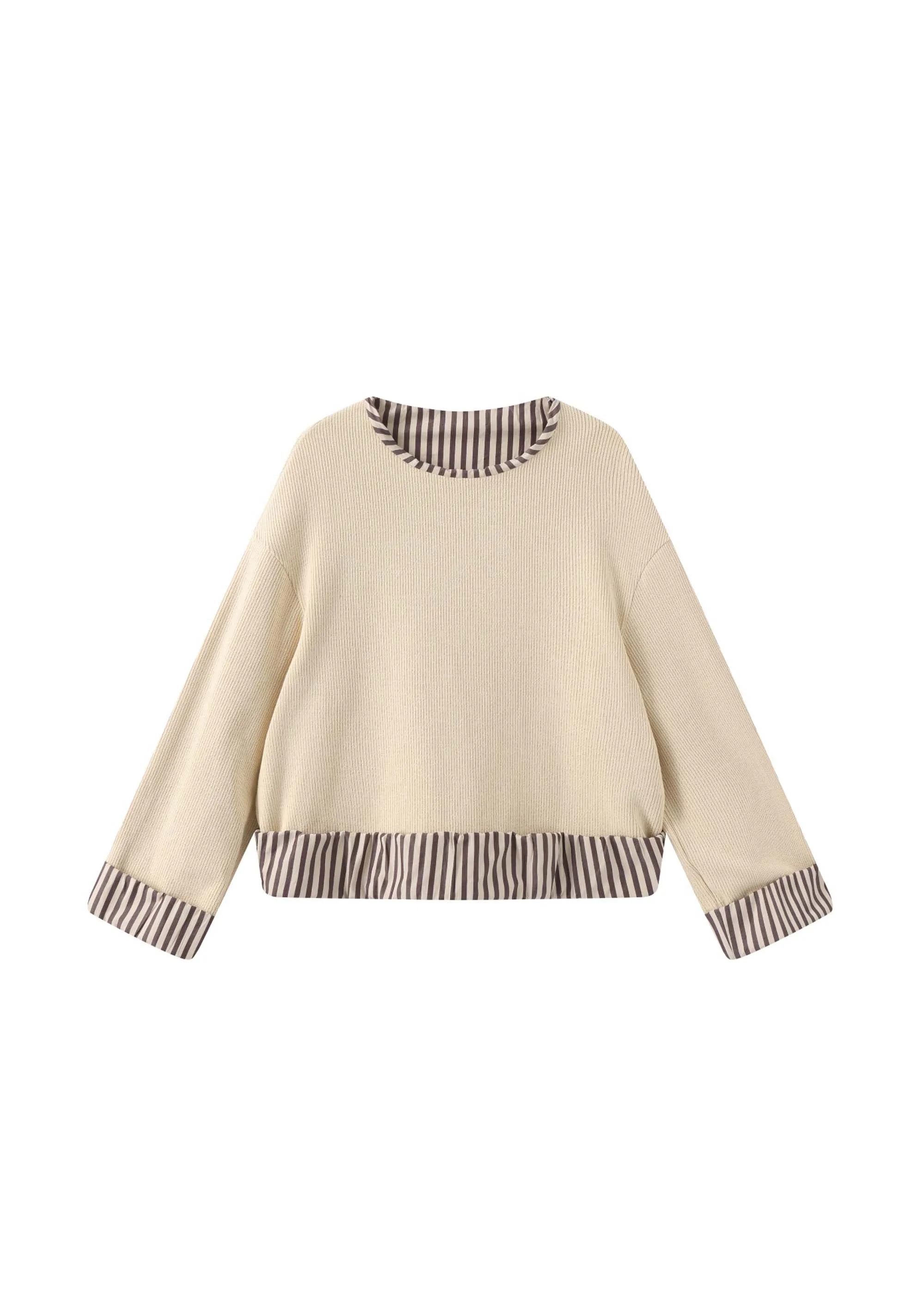 Beige Striped Cuff Crewneck Sweater