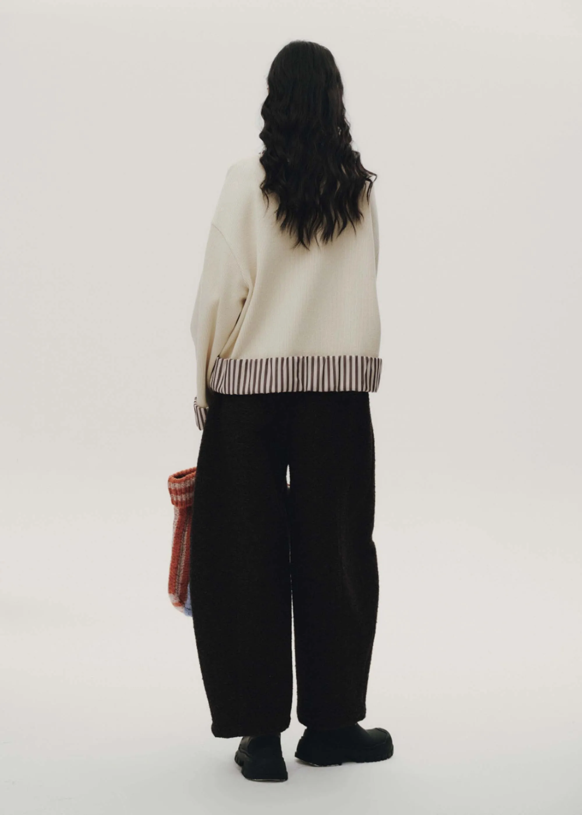 Beige Striped Cuff Crewneck Sweater