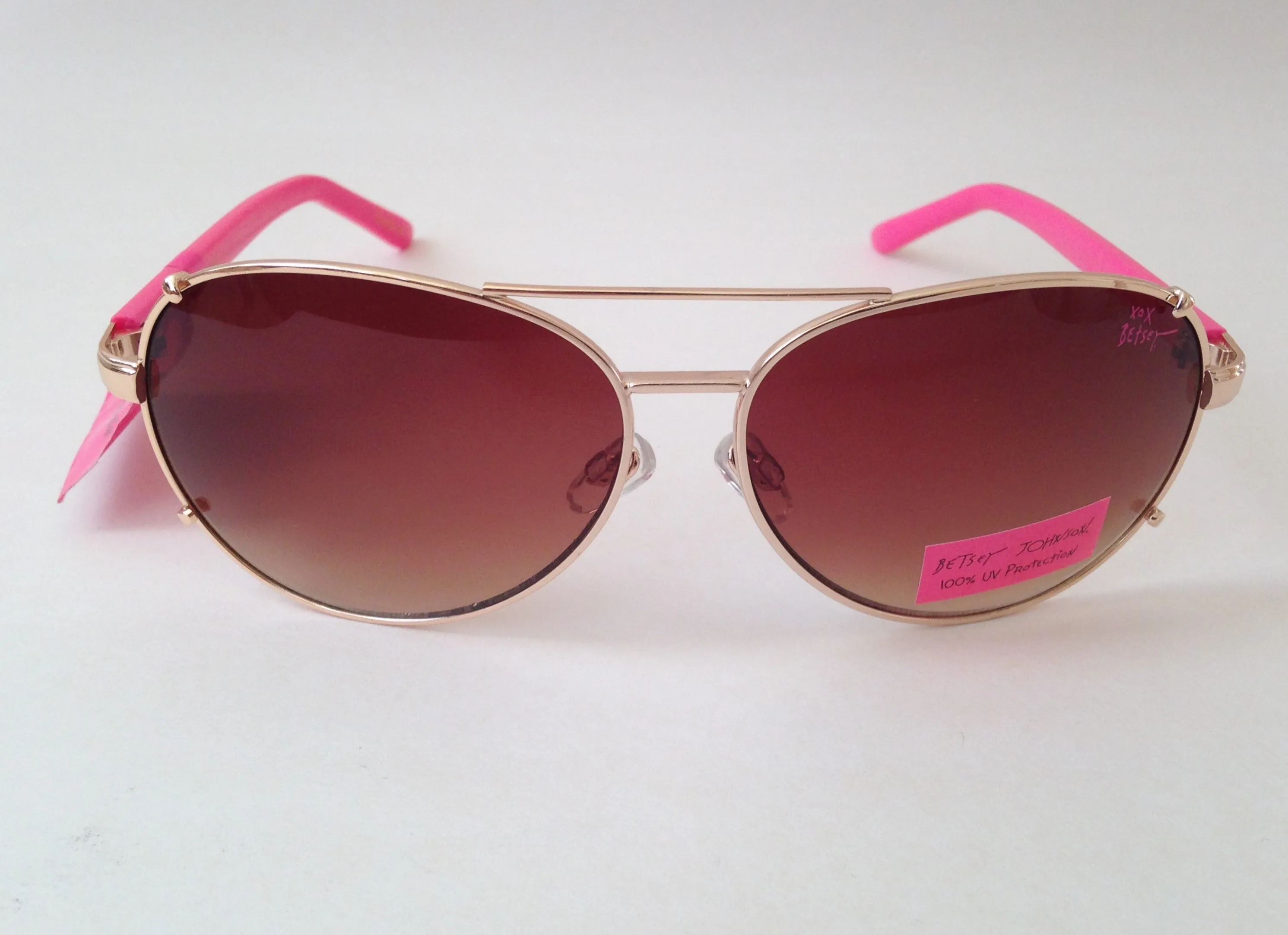 Betsey Johnson Aviator Sunglasses Gold And Pink Frame Brown Gradient Lens