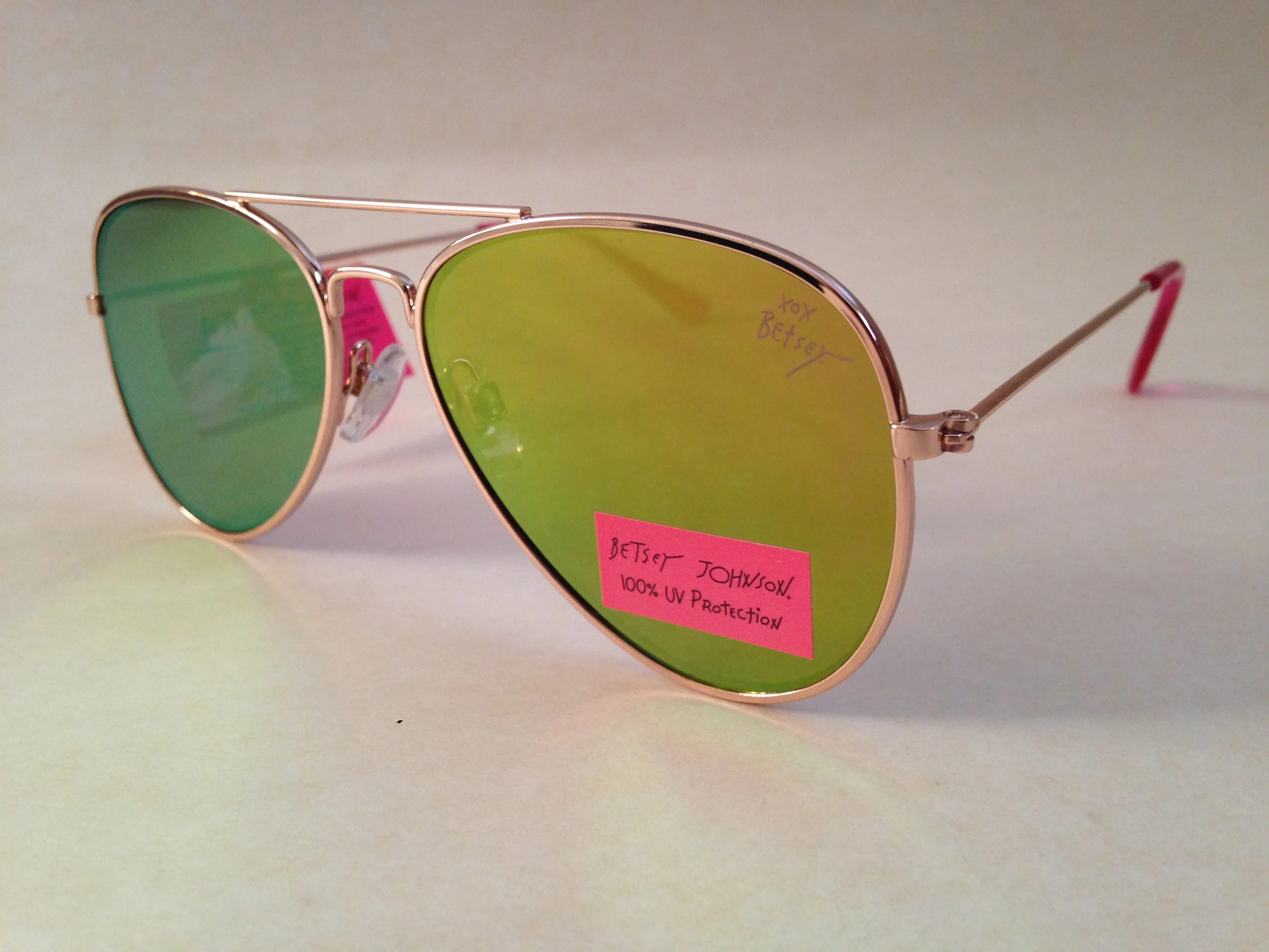 Betsey Johnson Flat Aviator Sunglasses Yellow Green Coral Flash Gold Pink 54