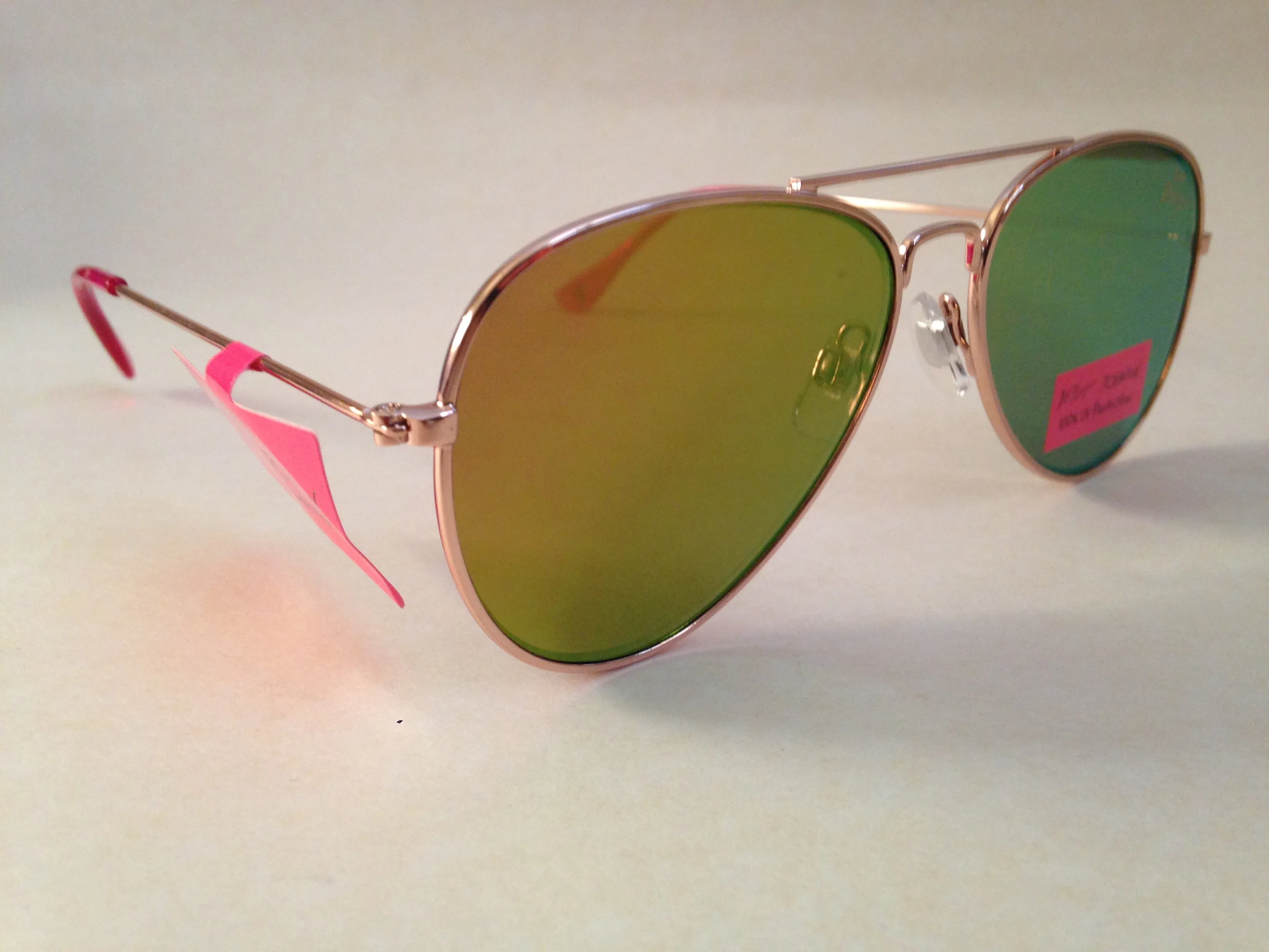 Betsey Johnson Flat Aviator Sunglasses Yellow Green Coral Flash Gold Pink 54