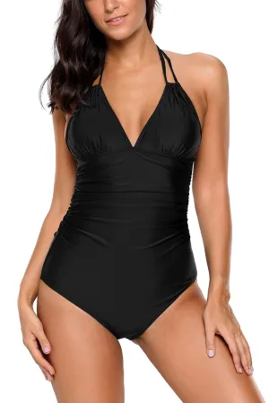 Black Adjustable Halterneck One Piece Swimsuit