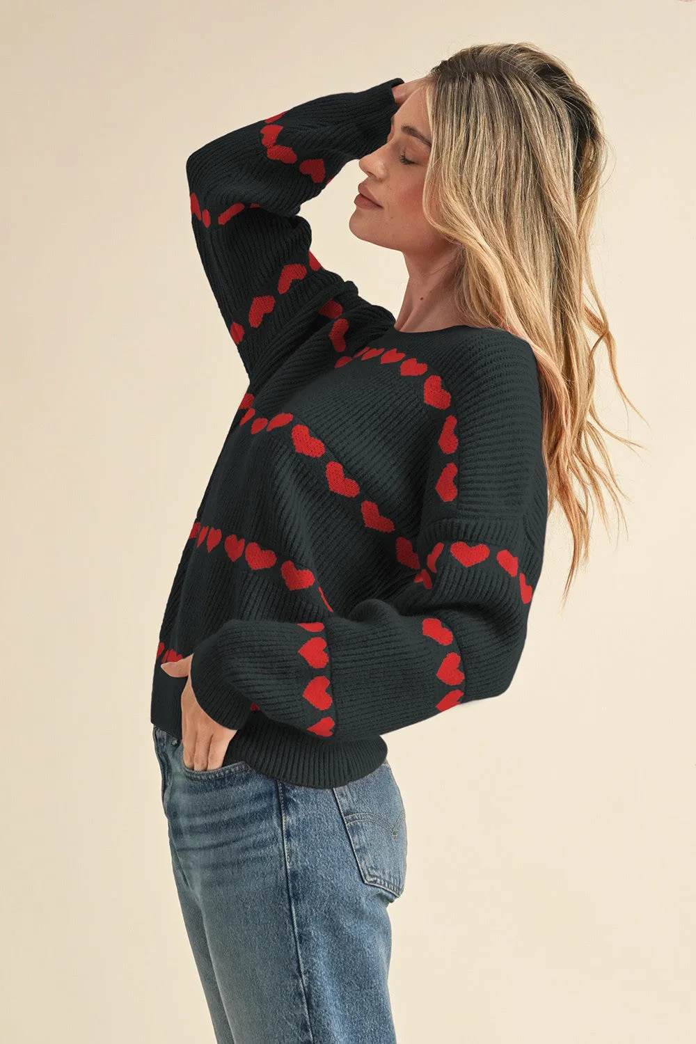 Black Heart Ribbed Knit Sweater-large