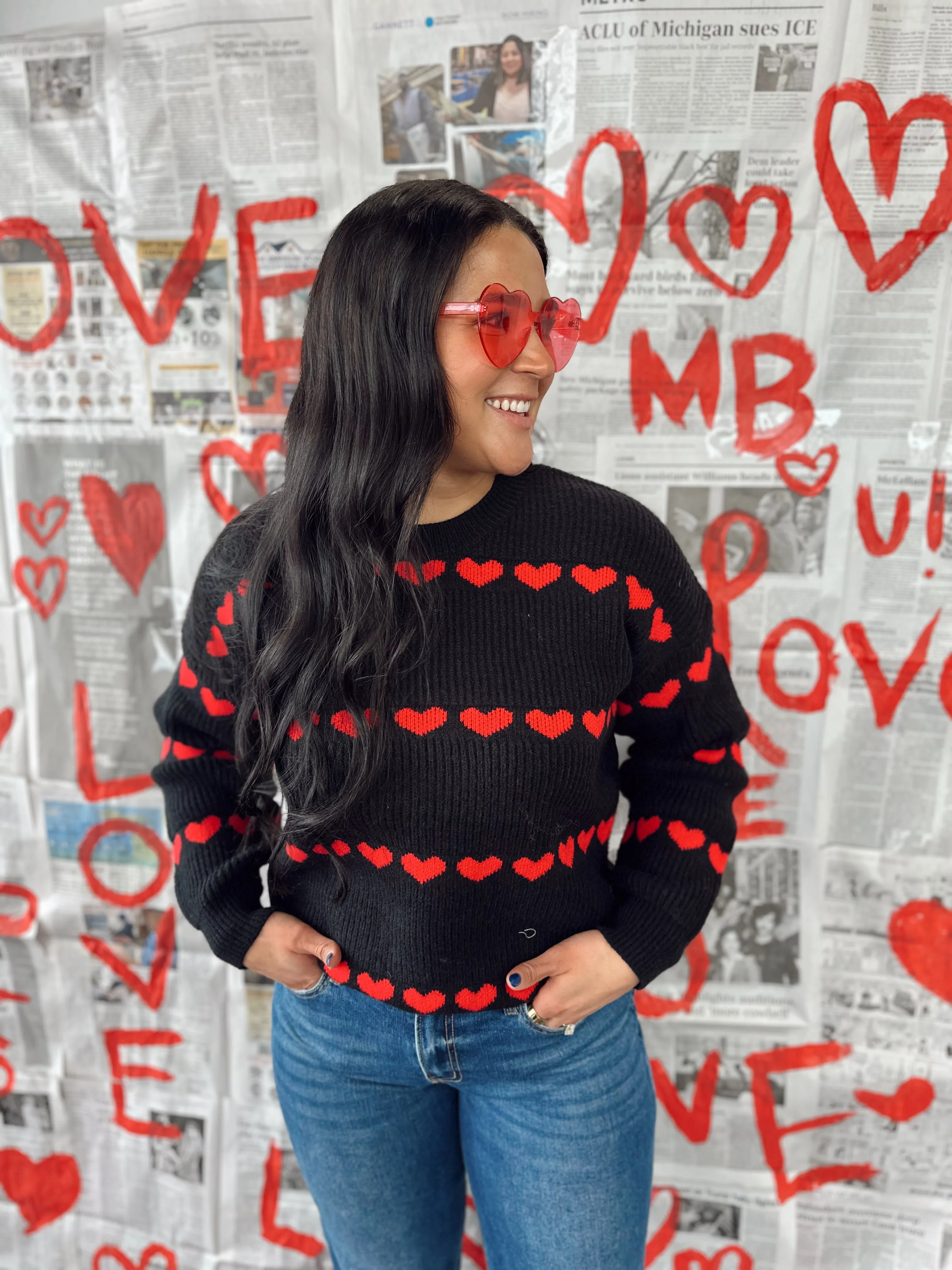 Black Heart Ribbed Knit Sweater-large