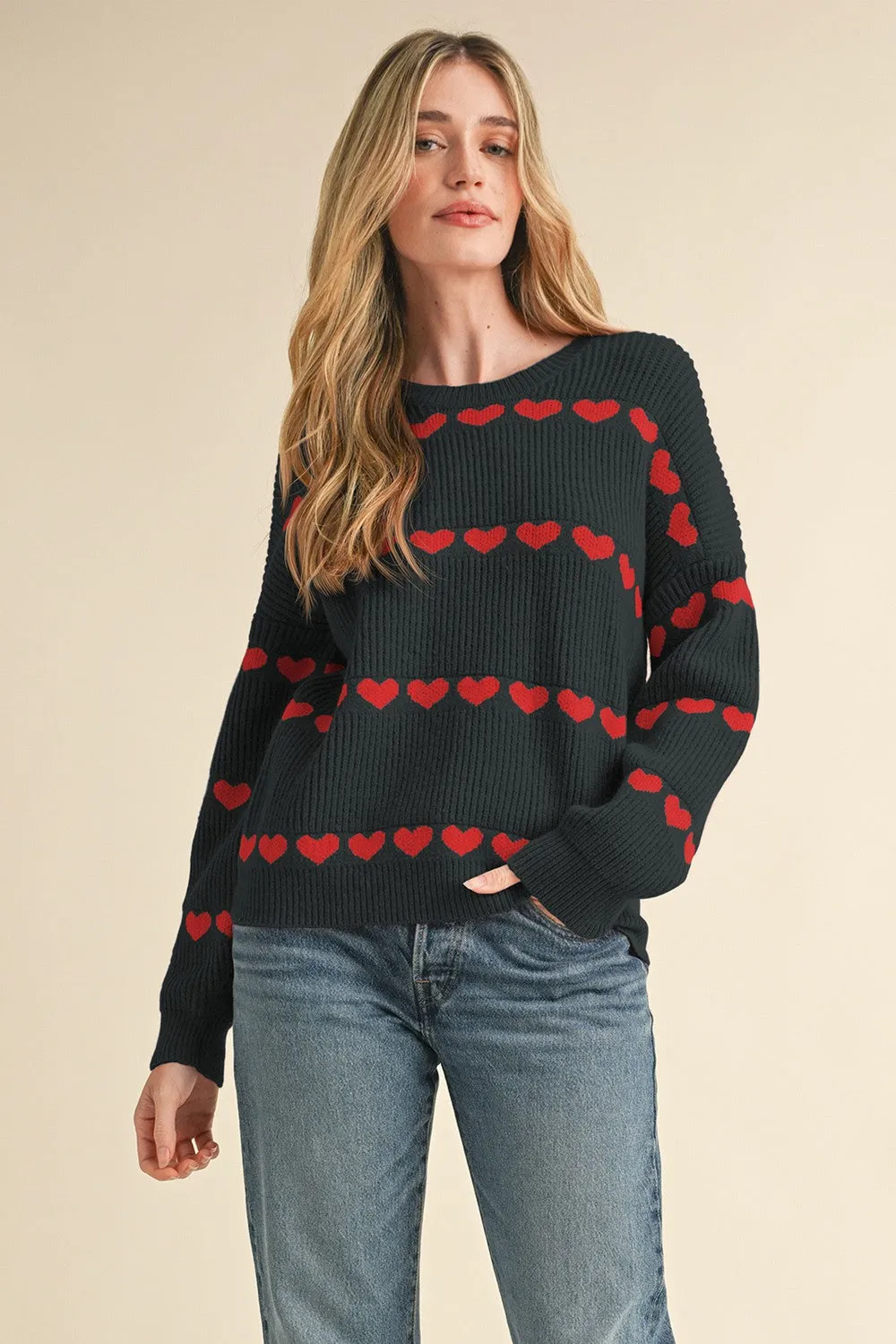 Black Heart Ribbed Knit Sweater-large
