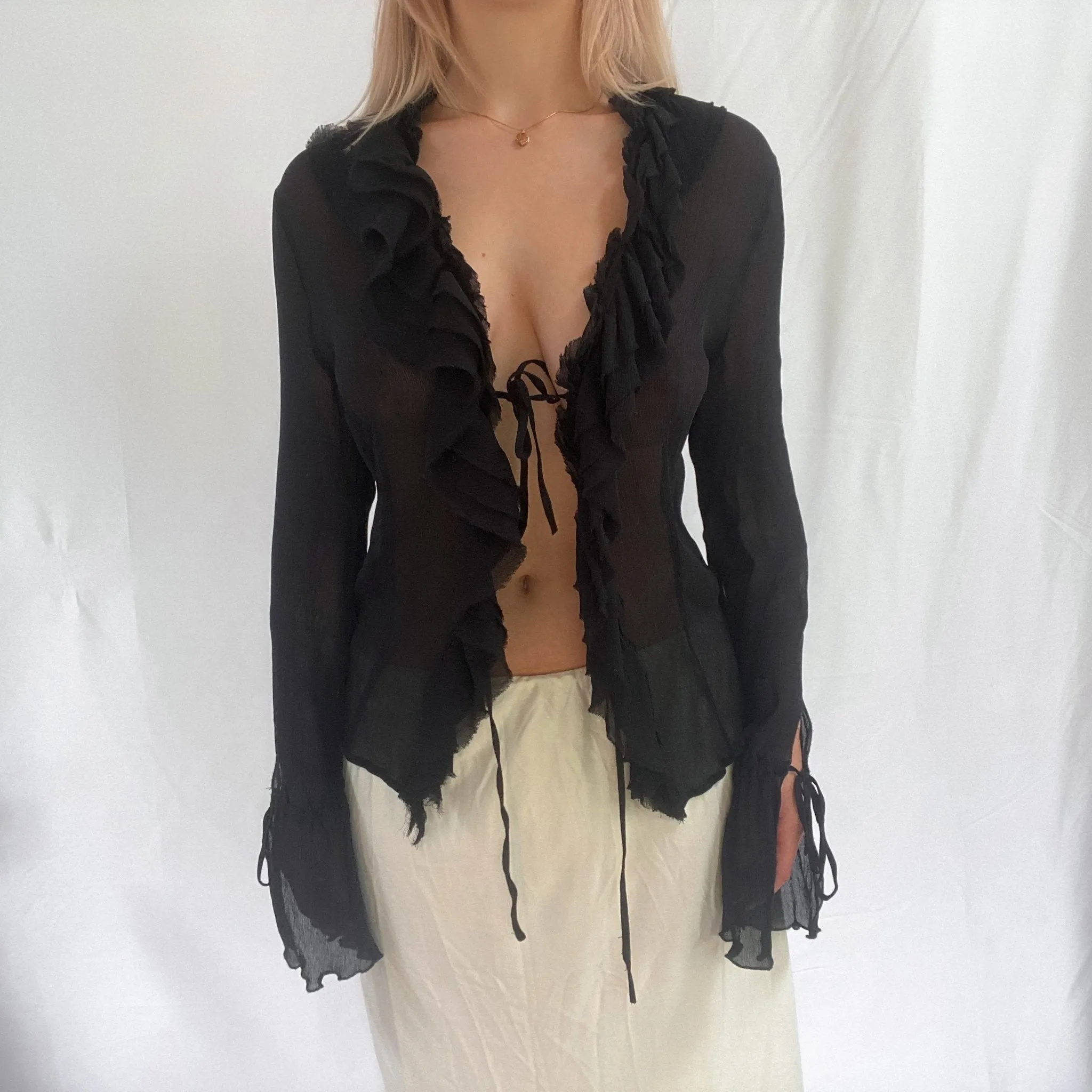 Black Silk Blouse with Ties