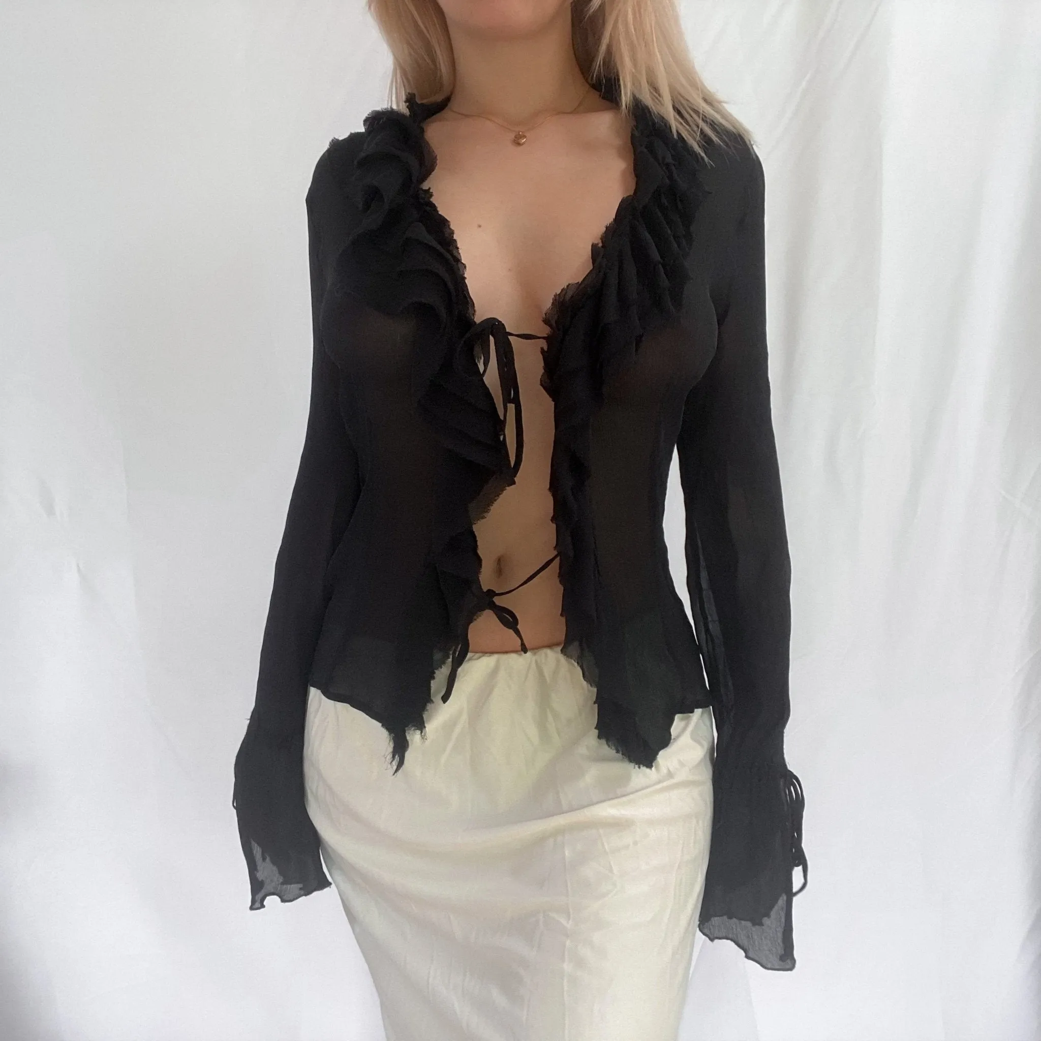 Black Silk Blouse with Ties