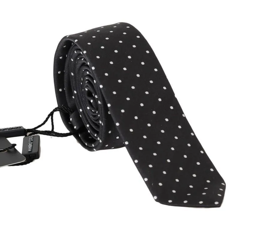 Black Silk White Polka Dot Print Slim Tie